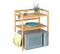 Relaxdays Mensola per Microonde, Scaffale a 2 Ripiani da Cucina, HxLxP: 67x61x35 cm, Mobile con 4 Ganci, Acciaio, Gomma, bambù Naturale