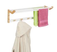 Relaxdays Portasciugamani da Parete, HLP 22x60x20 cm, Mensola da Bagno con Aste per Asciugamani e Ripiano Bianco Marrone, bambù