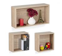 Relaxdays Mensole da Muro, Set 3 Ripiani Sospesi a Cubo, Scaffali in 2 Misure Libreria Parete Design Moderno, Naturale