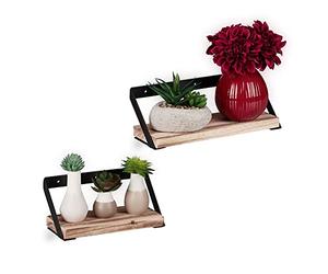 Relaxdays Mensole Sospese, Design Industriale, 2 Misure, Decoro, Legno di Paulownia e Metallo, Nero/Naturale, Ottone, Set da 2X