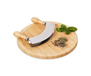 Relaxdays Mezzaluna con Tagliere Ø 25cm, Coltello a Doppia Lama Trita Erbe, in Acciaio Inox e bambù, Naturale Argentato
