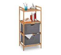 Relaxdays Mobile Bagno con Portabiancheria, Scaffale a Colonna in bambù, 2 Ripiani & 2 Cesti Estraibile, Naturale/Grigio, 96 x 44 x 34 cm