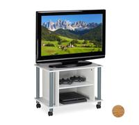 Relaxdays Mobile TV con Ruote, 2 Ripiani, Mobiletto Porta Televisore, 45x60x40 cm, Tavolo Televisione, Bianco Argentato