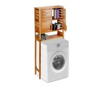 Relaxdays Mobile per Lavatrice in Bambù, Autoportante, Ante in Lamelle, 3 Ripiani, Mobiletto Sopra WC, HLP 164 x 66 x 26 cm, Marrone Chiaro