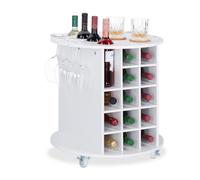 Relaxdays Mobile Portabottiglie Vino con Ruote Piroettanti, 6 Portabicchieri, Scaffale per 17 Bottiglie, Rotondo, HxD: 56x54 cm, Bianco