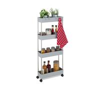 Relaxdays Mobiletto Salvaspazio, HLP: 98x15,5x40,5 cm, 4 Ripiani, Ganci, Carrello da Bagno e Cucina, Plastica, Grigio, Acciaio Inox