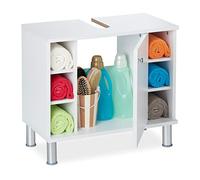 Relaxdays Mobile Sottolavabo, Armadietto Bagno con 1 Anta, 53,5x60x32 cm, 7 Scomparti & Apertura per Sifone, Bianco, 1 pz