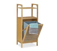 Relaxdays Mobiletto con Portabiancheria, Bambù, 95x40x30 cm, 2 Ripiani, da Bagno, Cesta pieghevole, 25 L, Legno Naturale
