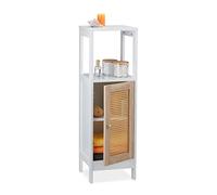 Relaxdays Mobiletto da Bagno, 3 Scomparti, HLP: 96,5x30x30 cm, Armadietto con Anta in Rattan, da Cucina, Bianco Naturale, Fibra di Legno