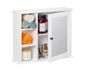Relaxdays Mobiletto da Bagno Pensile, 3 Ripiani e 2 Scomparti, Armadietto con Anta a Specchio, MDF, 48x60x18 cm, Bianco