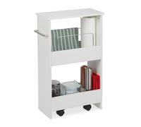 Relaxdays Mobiletto Salvaspazio, 2 Scomparti, Scaffale Stretto con Ruote, 20 cm Larghezza, per Bagno & Cucina, Bianco, Fibra di Legno, 67 x 20 x 43 cm
