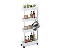 Relaxdays Mobiletto Salvaspazio, HLP: 98x15,5x40,5 cm, 4 Ripiani, Ganci, Carrello da Bagno e Cucina, Plastica, Bianco