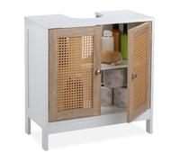 Relaxdays Mobiletto Sottolavabo a 2 Scomparti, Armadietto Lavandino, Ante in Rattan, Spazio per Sifone, Bianco Naturale, 61,5 x 60 x 30 cm