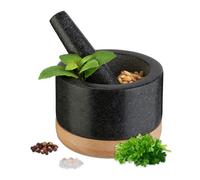 Relaxdays Mortaio con Pestello in Granito, HxD 8,5x14 cm, Schiaccia Erbe per Pesto e Cocktail, Base Legno, Naturale Nero