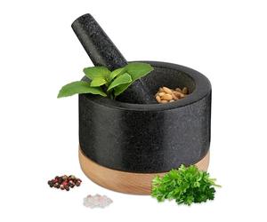 Relaxdays Mortaio con Pestello in Granito, HxD 8,5x14 cm, Schiaccia Erbe per Pesto e Cocktail, Base Legno, Naturale Nero