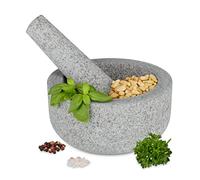Relaxdays Mortaio con Pestello in Granito, HxD 8x16 cm, Macina Spezie, Pesto di Basilico, Cocktail Mojito, Grigio Chiaro, 8 x 16 x 16 cm