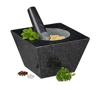 Relaxdays Mortaio con Pestello, XXL, in Granito, per Erbe e Spezie, 750 ml, 6,75 kg, Pietra Lucida, 12x19,5x19,5cm, Nero
