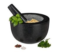 Relaxdays Mortaio e Pestello, in Granito, Erbe Aromatiche e Spezie Volume: 750 ml, Pietra Lucida, D: 20 cm, Grigio Scuro