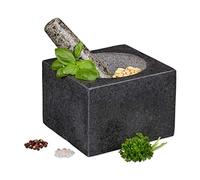 Relaxdays Mortaio e Pestello, in Granito, Erbe e Spezie, Volume: 500 ml, Pietra Lucida, LxP: 14,5x14,5 cm, Grigio Scuro
