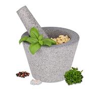 Relaxdays Mortaio e Pestello in Granito, HxD 10x14 cm, Macina Spezie, Pesto di Basilico, Cocktail Mojito, Grigio Chiaro, 10 x 14 x 14 cm