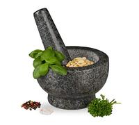 Relaxdays Mortaio & Pestello in Granito Massiccio, Resistente, Basilico, Pesto, Pietra Lucida, Ø13, 250ml, Grigio