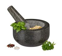 Relaxdays Mortaio & Pestello in Granito, Resistente, Foglie di Basilico, Pesto, in Pietra Lucida, Ø 16, 400 ml, Grigio