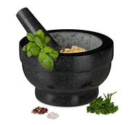 Relaxdays Mortaio & Pestello in Granito, Robusto & Resistente, Erbe Aromatiche & Condimenti, Pietra, V 1l, Ø 20, nero