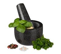 Relaxdays Mortaio & Pestello in Granito, Robusto & Resistente, Erbe Aromatiche, in Pietra Lucida, V 100ml, Ø 8,5, grigio