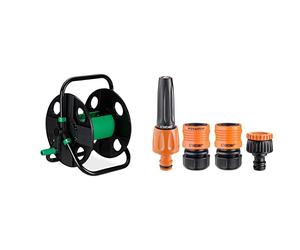 Relaxdays, Nero-Verde Avvolgitubo da 30m, per Giardini, Campeggi o Balconi, Senza Tubo, HxLxP: 39x43x30 cm & Claber 51359 Set Lance Diritte con Raccordi, 1/2 Pollici, Nero/Arancione