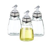 Relaxdays Oliera con Tappo Ermetico con Dosatore, Set da 3 Bottigliette in Vetro, Bottiglie Porta Olio d'Oliva e Aceto, Trasparente, Argento, Nero