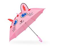 Relaxdays Ombrello per Bambini, con Gatto in 3D, Ombrellino Parapioggia con Bastone, Bimba e Bimbo, Ø 78 cm, Rosa, Poliestere