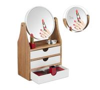 Relaxdays Organizer per Trucchi, 3 Tiretti, per Tavolo da Trucco, Specchio Ingranditore, 34x19x10,5 cm, Naturale/Bianco