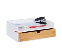 Relaxdays Organizer da Scrivania, 1 Cassetto, Ripiano per Documenti DIN A4, bambù, HLP: 11 x 32 x 22 cm, Bianco/Naturale