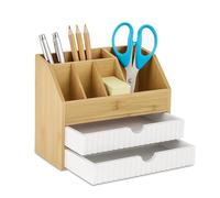 Relaxdays Organizer da scrivania, 2 cassetti e 5 scomparti, 19 x 24 x 14 cm, bambù e MDF, ufficio naturale/bianco