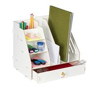 Relaxdays Organizer da Scrivania, 3 Cassetti, 3 Ripiani, 2 Portapenne, 1 Cassetto, Ufficio e Scuola, DIY, MDF, Bianco