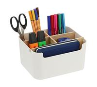 Relaxdays Organizer da Scrivania, 5 Scomparti, Portatrucchi in Plastica e Legno, Portapenne, 9,5 x 18 x 15 cm, Bianco