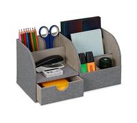 Relaxdays Organizer da Scrivania, 6 Scomparti e Cassetto, Portaoggetti Effetto Lino, Portapenne, 5x28x14,5 cm, Grigio, Fibra di Legno, H x L x P: 14,5 x 28 x 14,5 cm ca