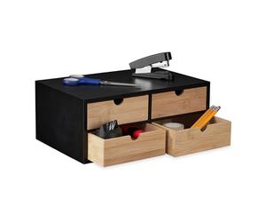 Relaxdays Organizer da Scrivania con 4 Cassetti in bambù e MDF, Cassettiera da Ufficio, HLP 13,5x33x21 cm, Naturale Nero