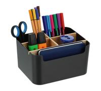 Relaxdays Organizer da Scrivania, 5 Scomparti, Portatrucchi in Plastica e Legno, Portapenne, 9,5 x 18 x 15 cm, Nero