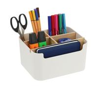 Relaxdays Organizer da Scrivania, 5 Scomparti, Portatrucchi in Plastica e Legno, Portapenne, 9,5 x 18 x 15 cm, Bianco