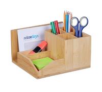 Relaxdays Organizer da Scrivania con 7 Scomparti Porta Penne e Matite, Accessori Ufficio, 11x21x19 cm, bambù, Naturale