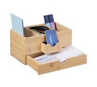 Relaxdays Organizer da Scrivania, 2 Cassetti, 3 Scomparti, in bambù, 12x24x14,5 cm, Organizzatore per Ufficio, Naturale, Fibra di Legno