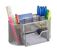 Relaxdays Organizer da Scrivania da Ufficio, con Portapenne e Cassetto, Rete in Acciaio, HxLxP: 10,5x22x11cm, Argentato