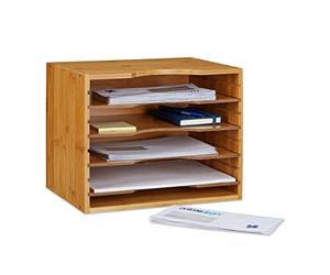 Relaxdays Organizer da Scrivania in Bambù, con 4 Scomparti, Portadocumenti, 26 x 33 x 24,5 cm, Naturale