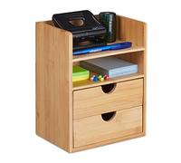 Relaxdays Organizer da Scrivania in bambù, Portaoggetti Salvaspazio con 2 Cassetti e Ripiani, HLP: 24x19x13 cm, Marrone, 1 pz