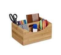 Relaxdays Organizer da Scrivania in bambù, Portapenne, con 4 Scomparti e Manico, HxLxP: 12 x 25 x 18 cm, Legno Naturale, Marrone, 18x25x12 cm