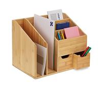 Relaxdays Organizer da Scrivania Porta Documenti, 2 Cassetti, 5 Scomparti, in bambù HLP: 29x37x25 cm, Colore Naturale