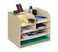 Relaxdays Organizer da Scrivania con Portadocumenti, 10 Scomparti, HLP: 27,5x32,5x25 cm, Contenitore MDF, Marrone Chiaro