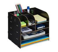 Relaxdays Organizer da Scrivania con Portadocumenti, 10 Scomparti, HLP: 27,5x32,5x25 cm, Contenitore in MDF, Nero, Fibra di Legno