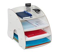 Relaxdays Organizer da Scrivania Portadocumenti, 4 Scomparti Portalettere A4, HLP: 27x25,5x34,5 cm, MDF, Ufficio, Bianco, Fibra di Legno